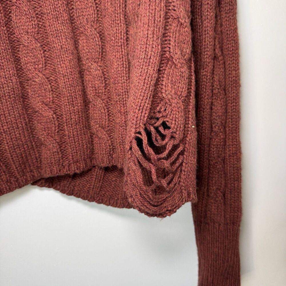 NWT NSF Cable Knit Off Shoulder Brown Distressed Ripped Sweater Sz S - Picture 5 of 6